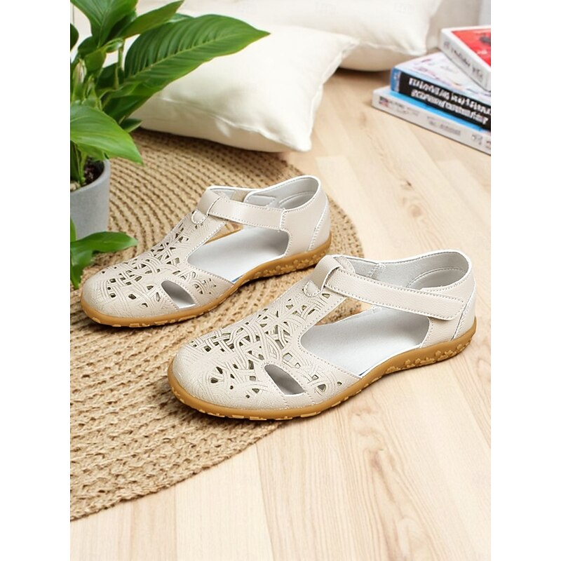 Women's Laser-Cut Faux Leather Comfort Sandals – Casual Magic Tape Shoes for Everyday Use3