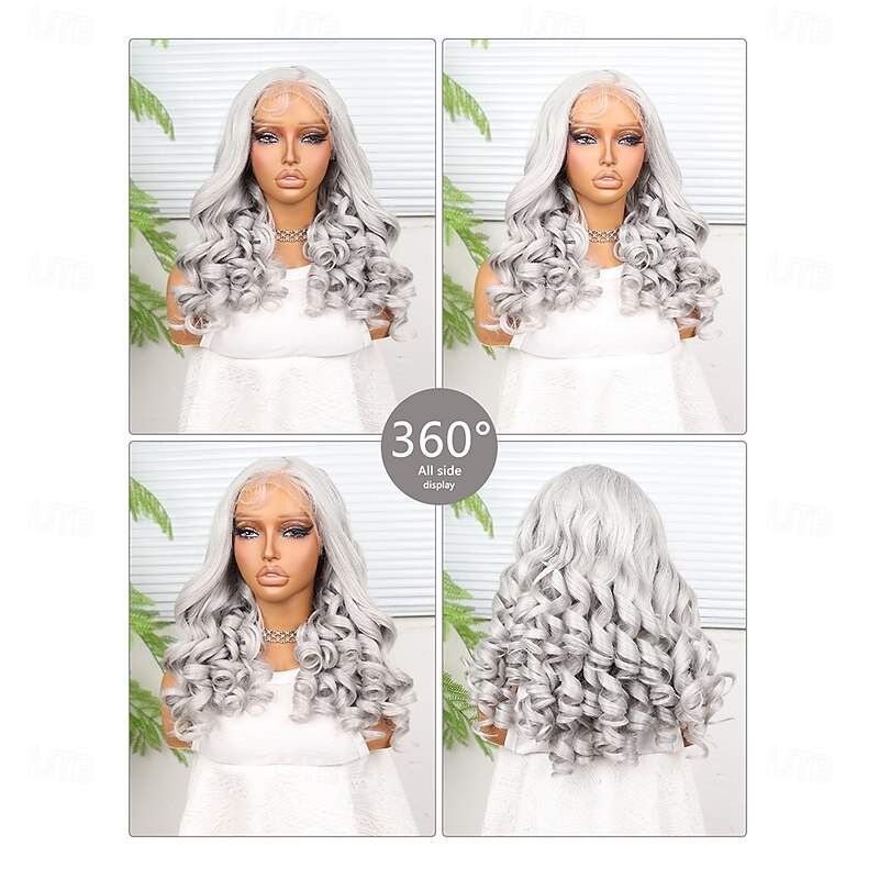 Synthetic Lace Wig Curly Style 18 inch Gray Middle Part 13x4 Lace Front Wig Women's Wig Gray&White2