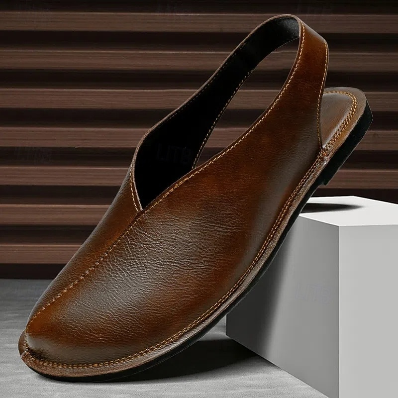 Men's Brown Slip-On Faux Leather Sandals – Casual Everyday Footwear for Warm Weather