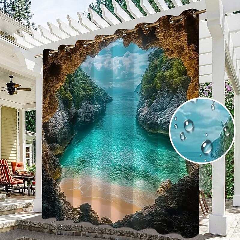 Waterproof Outdoor Curtain Privacy, Sliding Patio Curtain Drapes, Pergola Curtains Grommet 3D Ocean Cave Landscape For Gazebo, Balcony, Porch, Party, 1 Panel