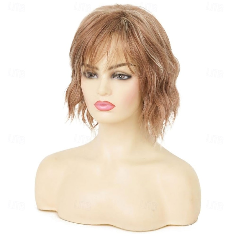 Womens Light Brown Short Wig with Bangs Layered Natural Fluffy Hair Wig for Daily Party Use4