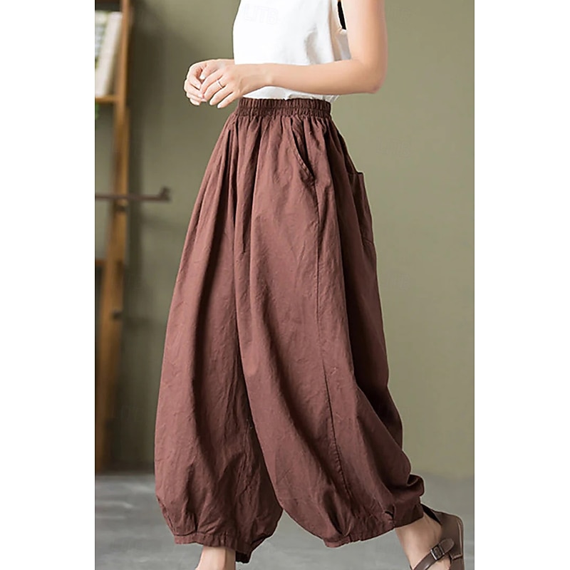 Women's Cotton Linen Pants Bloomers Fashion Streetwear Full Length Natural Plain Pocket Elastic Waist Comfy Outdoor Comfortable Vacation Weekend Maroon Black Green Summer Regular Fit3