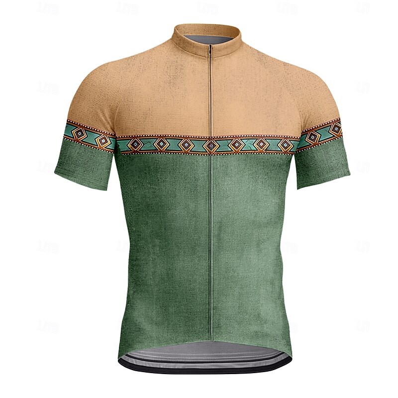 Men's Cycling Jersey Graphic Geometric Retro Short Sleeve Bike Jersey Top with 3 Rear Pockets UV Resistant Quick Dry Front Zipper Reflective Strips Sports Green Clothing Apparel