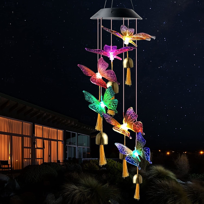 1 Pc outdoor solar purple yellow butterfly wind chime light with bell and tassel courtyard garden porch balcony landscape light decorative light3