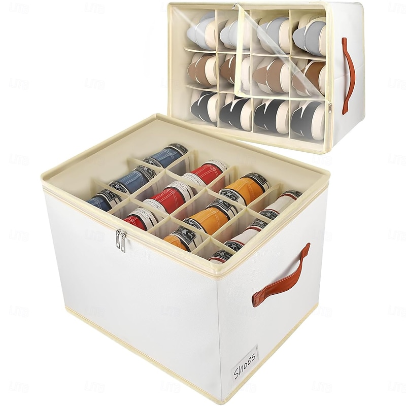 Shoe Storage Box Organiser for Closet - 12 Cell Space Saver Shoes Containers Bin with Clear Lids Stackable, Can Fit Ottoman, Foldable Shoe Rack Cabinet Cubby for Wardrobe