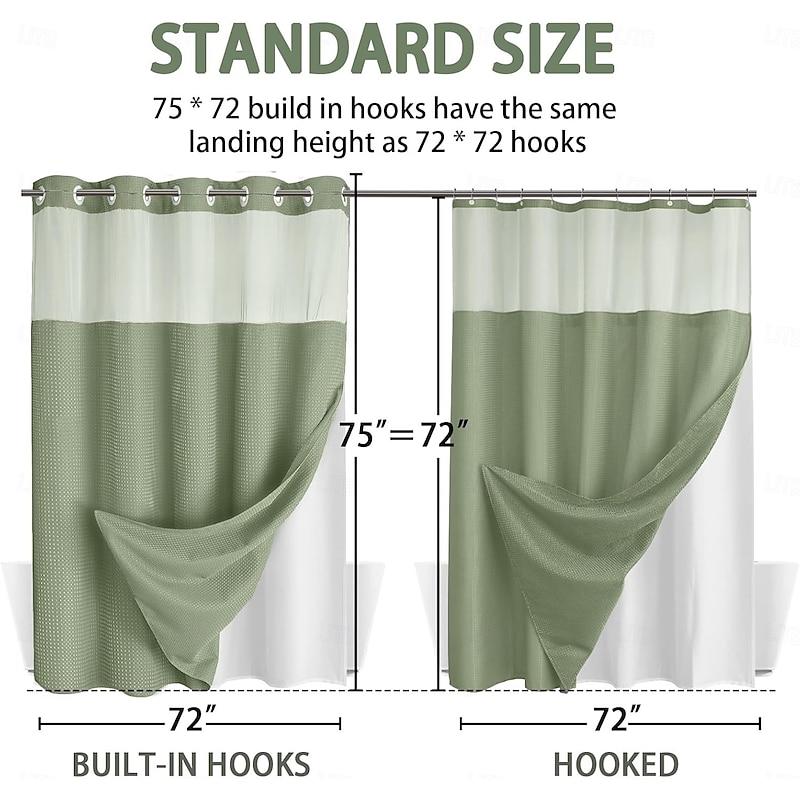 Waffle Weave Shower Curtain 180cm*180cm(70"*70") with Snap-in Fabric Liner Set, Solid Colored Hotel Style for Bathroom with Mesh Top Window3