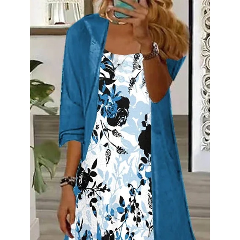 Women's Dress Set Maxi Dress A Line Dress Summer Dress Vacation Boho Floral Graphic Layered Print Maxi Dress 3/4 Length Sleeve Crew Neck Outdoor Daily Blue Summer Spring Loose Fit2