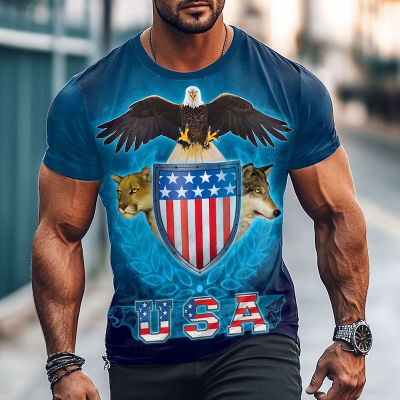 USA Trinity VINCENT HIE Men's USA Flag T Shirt Short Sleeve T shirt 3D Print Crew Neck Shirt Exaggerated Designer Party Street Casual Blue Summer Spring All Seasons Clothing Apparel S M L XL XXL XXXL