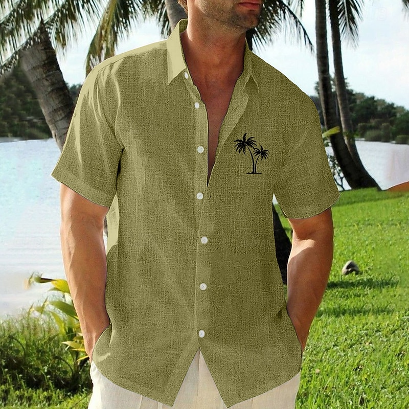 Men's Coconut Tree Shirt Linen Shirt Button Up Shirt Short Sleeve Hawaiian Resort Beach Vacation Daily Holiday Summer Turndown Collared Shirts Pink Blue Green2