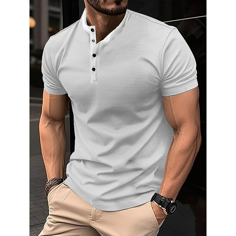 Men's Waffle Henley Shirt Tee Short Sleeve Solid Color Plain Cool Buttons Henley Outdoor Casual Daily Summer Spring &  Fall Black White Blue Henley T-Shirt4