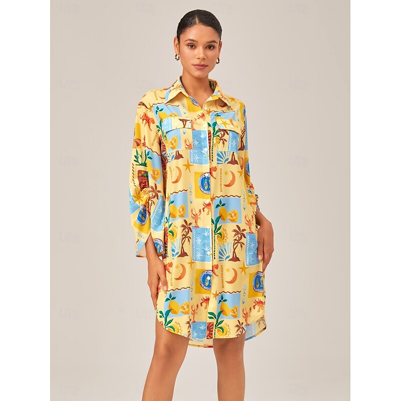 Tropical Collage Button-Down Shirt Dress