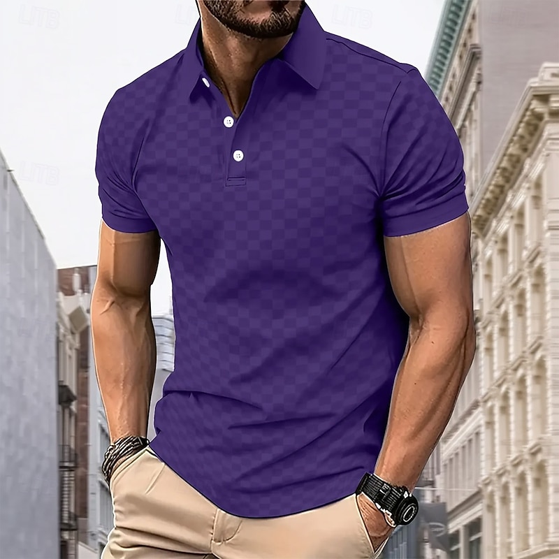 Men's Plaid Polo Short Sleeve Polo Shirts Collared Shirts Business Casual School Outdoor Daily Wear 3D Print Summer Blue Dark Green Purple