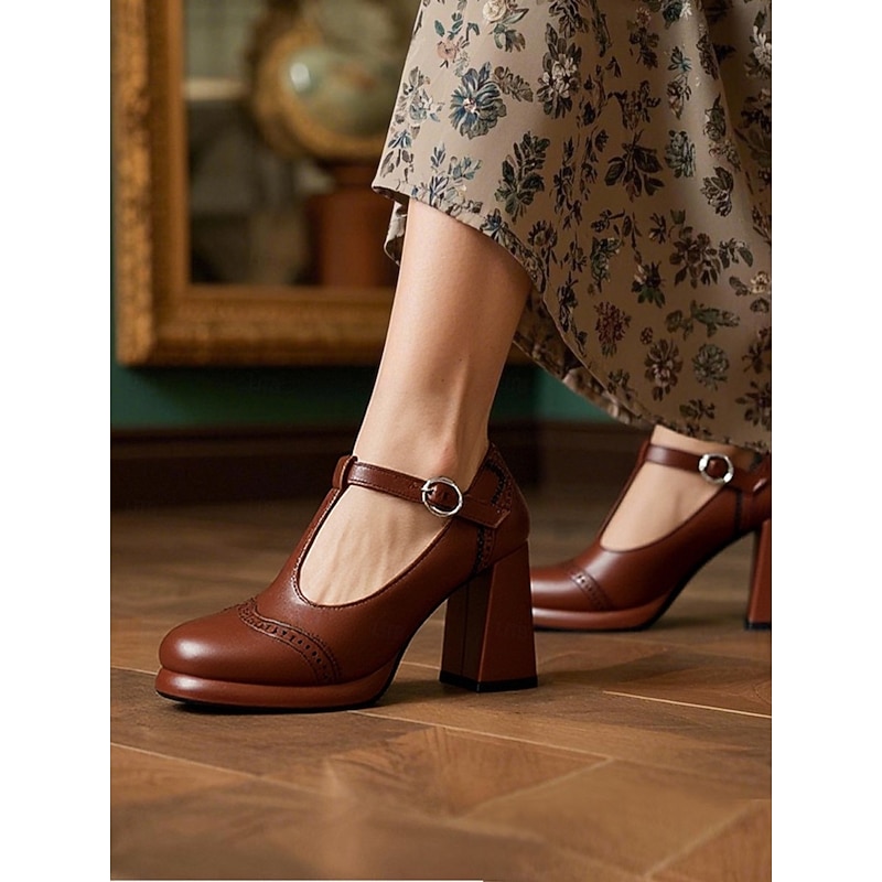 Women's Brown T-Strap Mary Jane Heels-1930s Retro Brogue Pumps for Office, Tea Parties & Vintage Gatsby-Inspired Outfits2