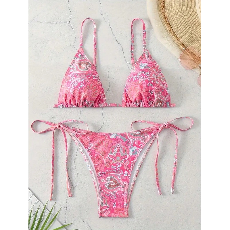 Women's Swimwear Bikini Swimsuit Deep V Knitted Tie Back Vacation Stylish Paisley Halter Neck Sleeveless Bathing Suits3
