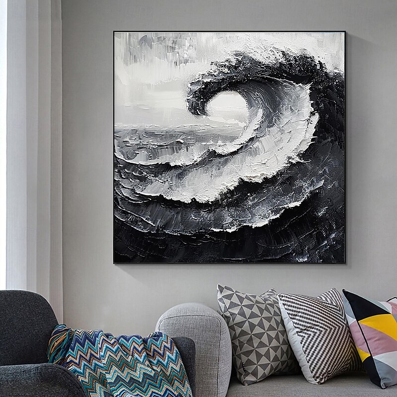 Handmade Oil Painting Canvas Wall Art Decoration Modern Abstract Black and White Ocean Wave Landscape for Home Decor Stretched Frame Hanging Painting/Rolled Frameless Unstretched Painting2