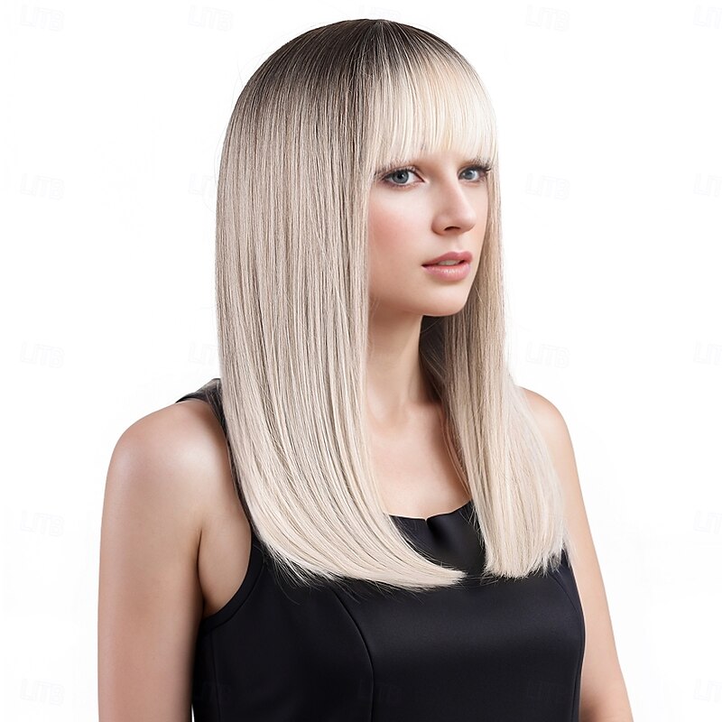 Synthetic Wig kinky Straight Natural Straight Layered Haircut Neat Bang Machine Made Wig 20 inch A1 Synthetic Hair Women's Classic Comfortable Color Gradient Gray3