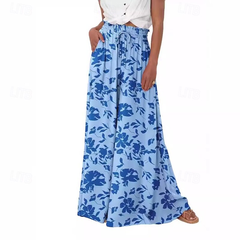 Women's Culottes Wide Leg Slacks Pants Trousers Casual Boho Full Length Natural Flower Pocket Elastic Waist Printing Comfy Outdoor Holiday Casual Daily Weekend Magenta White Blue Green Summer Regular4