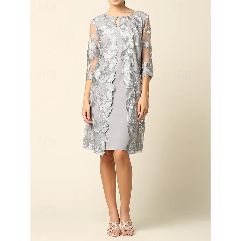 Two Piece Sheath / Column Mother of the Bride Dress Elegant Vintage Simple Crew Neck Tea Length Lace 3/4 Length Sleeve with Floral Embroidered Lace Applique4