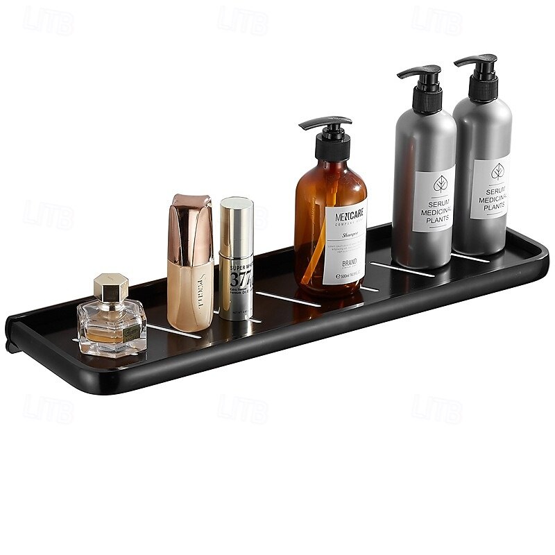 Wall Mounted Shower Storage Basket Shelf,Punch- Free Dressing Table Black Space Aluminum Bathroom Pendant Rack Single- Layer Tray Rack Stuff Holders2