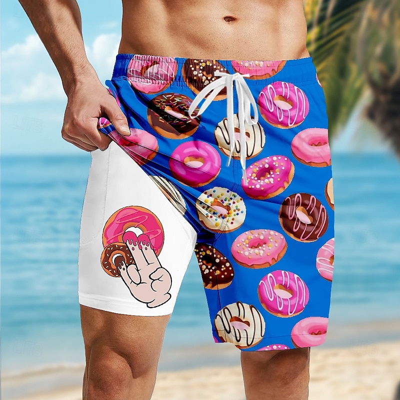 Men's Funny Donuts Lined Shorts 2 in 1 Board Shorts Swim Shorts Mid Waist Hawaiian Vacation Holiday Beach Wear Side Pockets With Compression Liner Elastic Drawstring Waist Designer Clothing Apparel3
