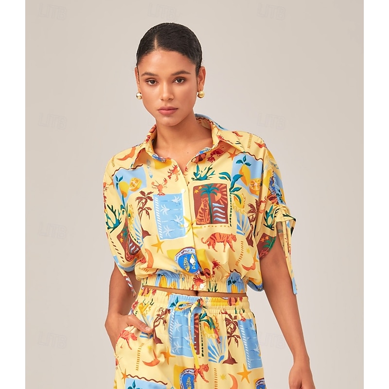 Tropical Collage Elastic Hem Shirt