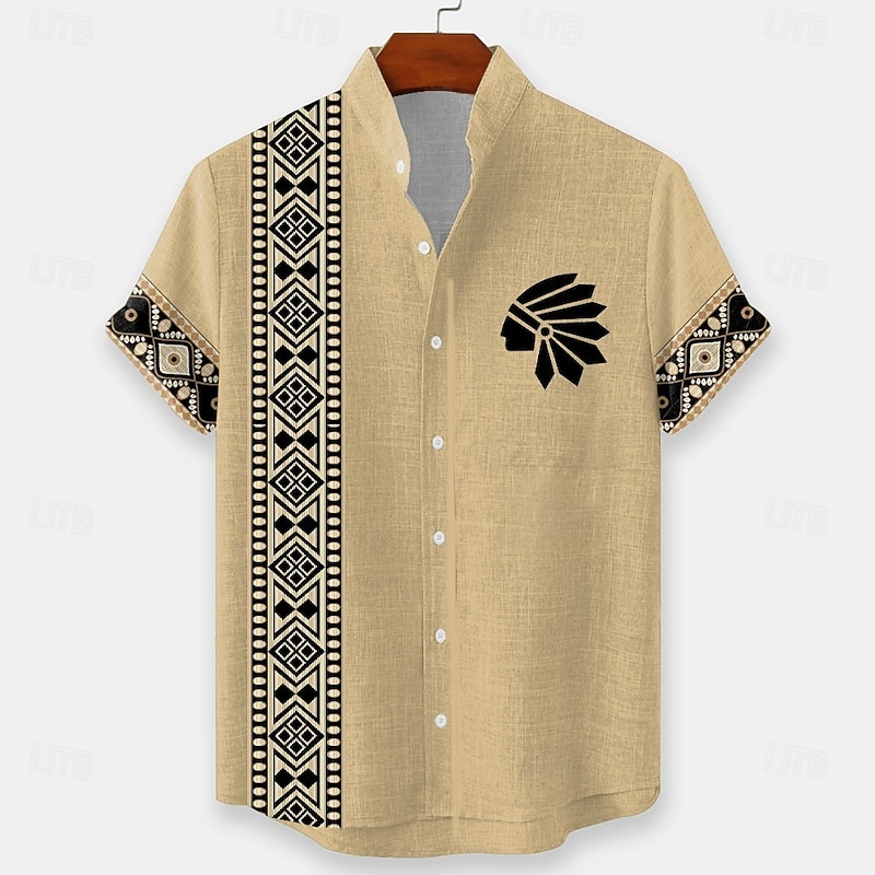 Men's Geometric Indian Ethnic Shirt Button Up Shirt Stand Collar Shirt Short Sleeve Vintage Retro Vacation Dailywear Beach Wear Summer Spring Mandarin Collar 3D Print Linen Like Shirt Yellow Light