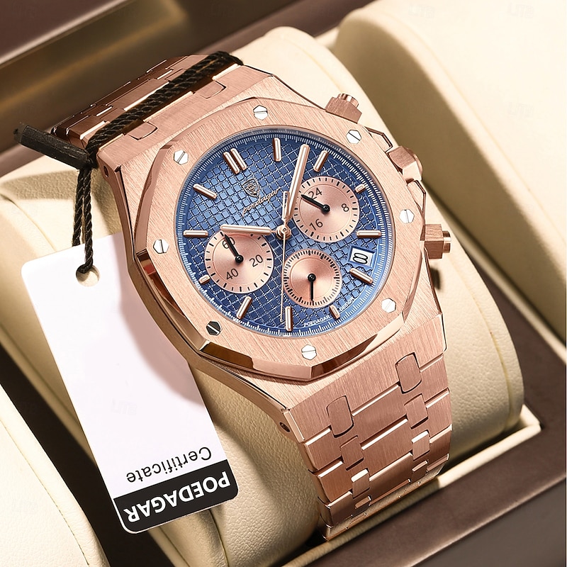 Men Mechanical Watch Quartz Watch Retro Vintage Wristwatch Luminous LED Back Light Chronograph Waterproof Stainless Steel Watch