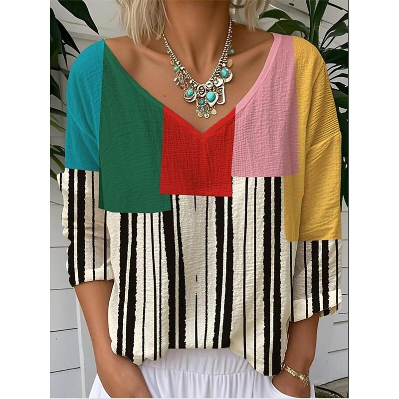 Women's Blouse Graphic Geometric Striped Elegant Tropical Daily 3/4 Length Sleeve V Neck Regular Tops Daily Black Blue Rainbow Summer Spring2