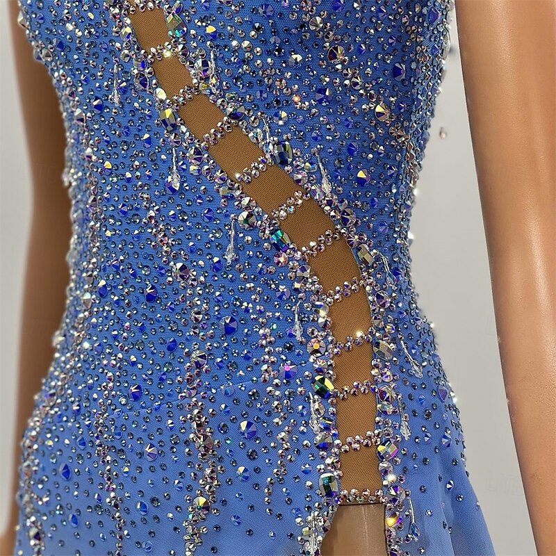 Figure Skating Dress Women's Girls' Ice Skating Dress Sky Blue Patchwork Asymmetric Hem Mesh Spandex High Elasticity Training Competition Skating Wear Classic Crystal / Rhinestone Sleeveless Ice4