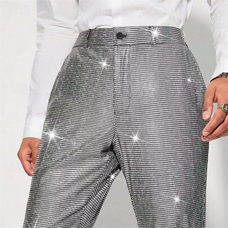 Men's Disco Pants Pocket Plain Comfort Breathable Vacation Daily Holiday Retro Vintage 1980s Silver Black3