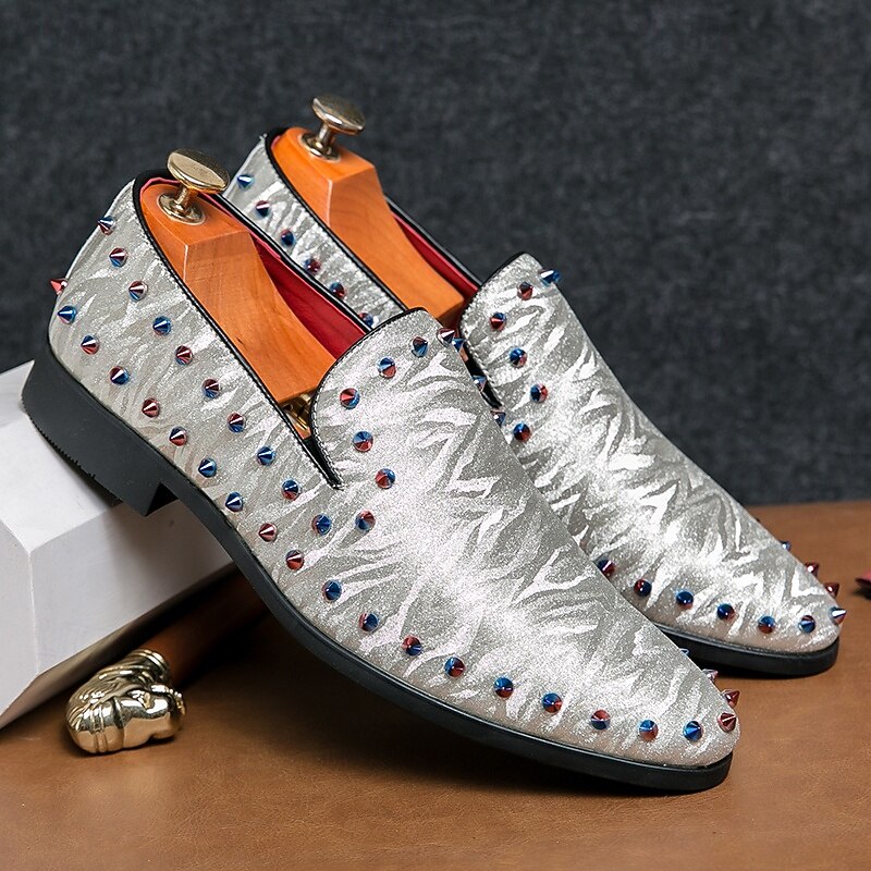 Men's White Textured Satin Loafers with Colorful Studs – Fashion Prom Shoes for Graduation and Special Events2