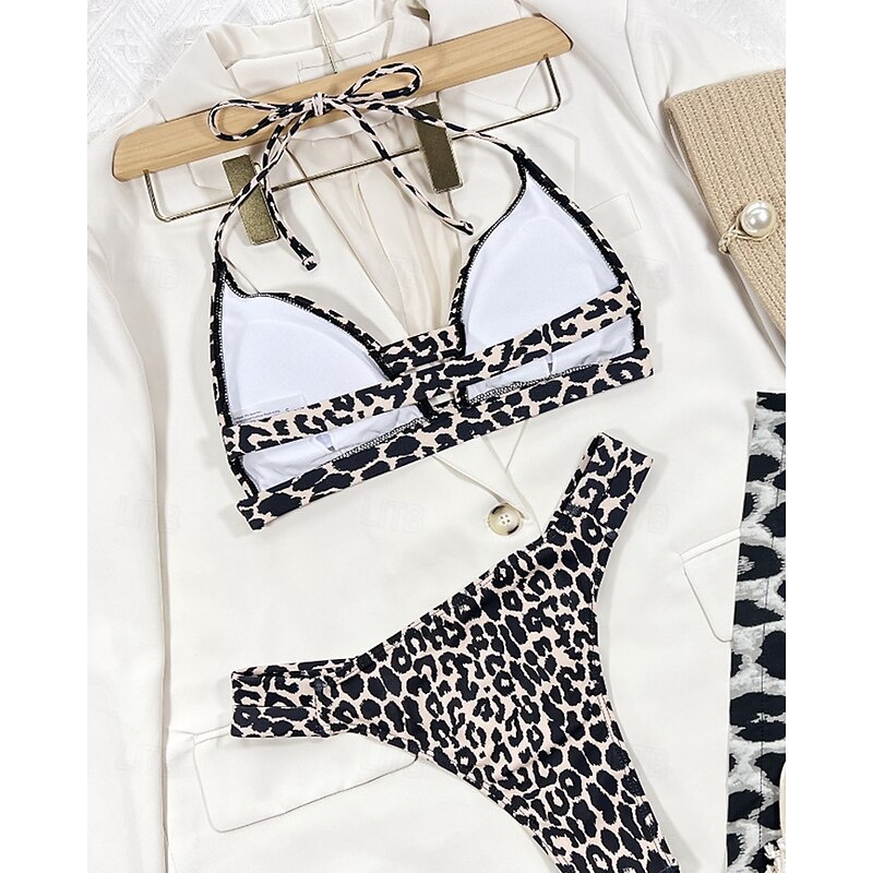 Women's Swimwear Bikini 2 Piece Swimsuit Backless Tropical Beach Wear Leopard Halter Neck Sleeveless Bathing Suits4