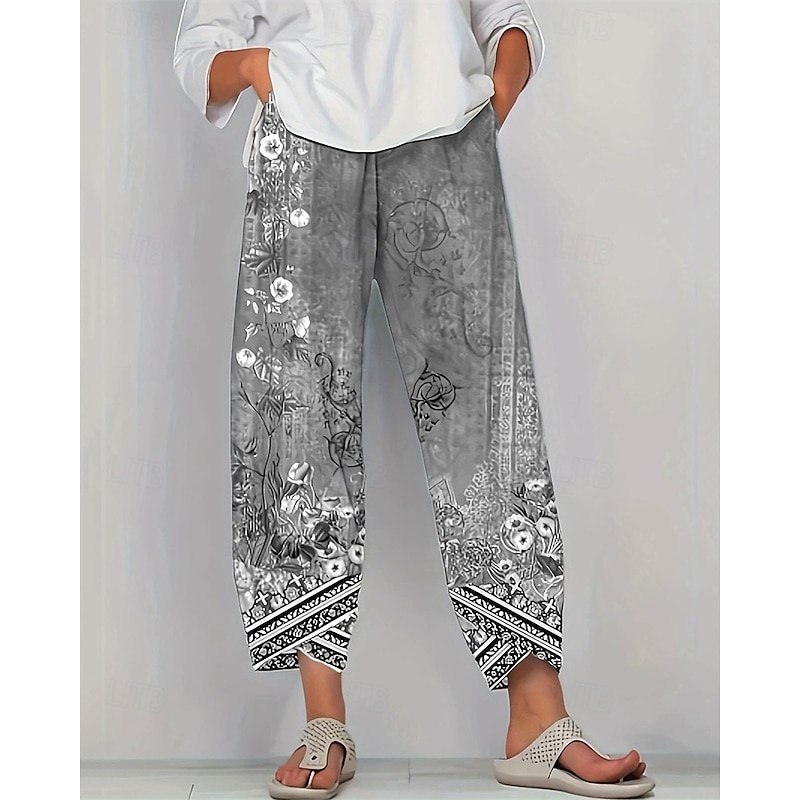 Women's Pants Trousers Harem Pants Ethnic Boho Full Length Mid Waist Flower / Floral Elastic Waist Breathable Comfortable Micro-elastic Street Daily Wear Going out Blue Blue Green Khaki Summer2