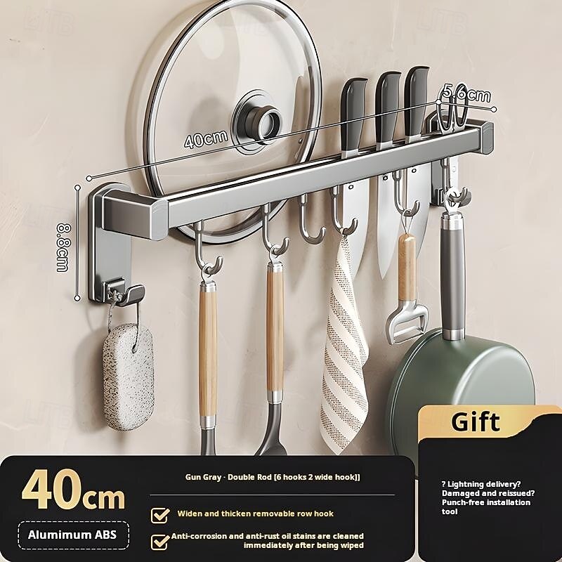 Multi Functional Kitchen Suction Cup Storage Rack, ABS, Aluminum, Hook Hanging Rod&Wall Mounted Knife Holder, Shovel Hanging Rack, Pot Cover Rack, One-Stop Kitchenware Storage Solution2