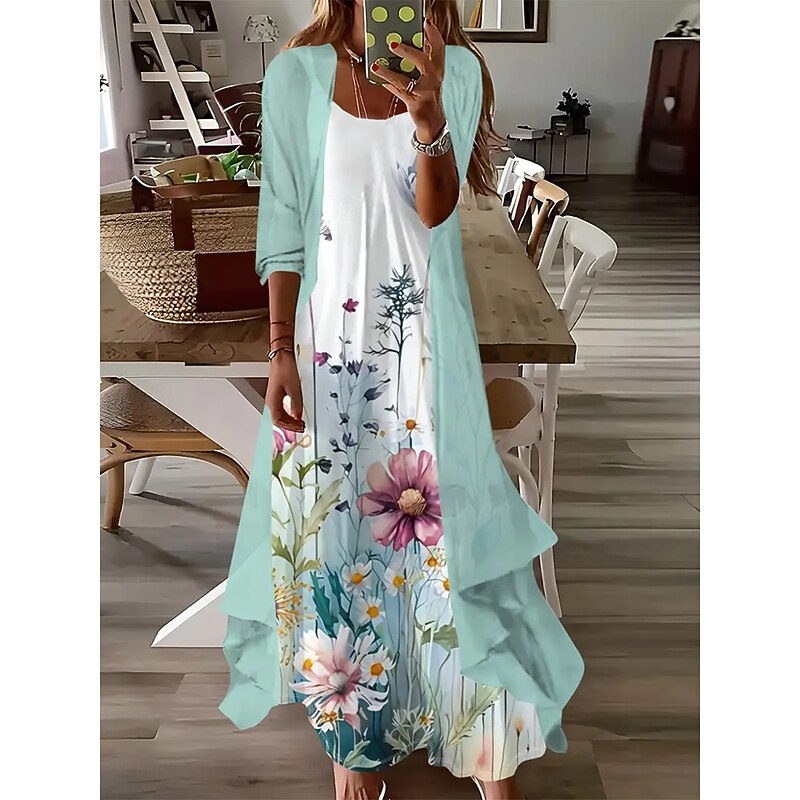 Women's Dress Set Maxi Dress A Line Dress Summer Dress Vacation Boho Ombre Floral Print 3/4 Length Sleeve Crew Neck Outdoor Daily Light Green Summer Spring Loose Fit