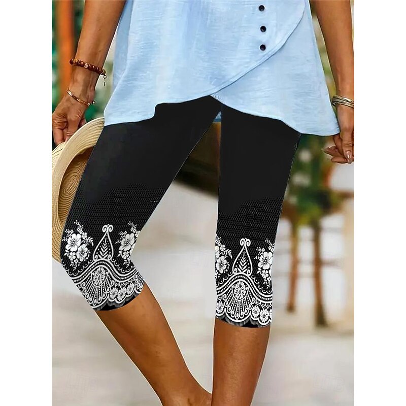 Women's Leggings Capri Pants High Elasticity Vacation Vintage Fashion Calf-Length Mid Waist Floral Graphic Printing Breathable Soft Stretchy Formal Vacation Street Robin's Egg Blue Black Dark Navy