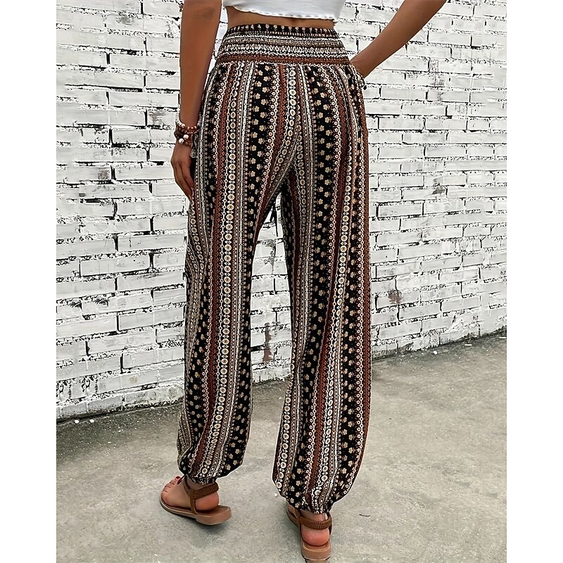 Women's Joggers Pants Trousers Vacation Boho Full Length Mid Waist Geometic Elastic Waist Breathable Comfortable Micro-elastic Street Daily Wear Going out Dark Brown White Red Dark Green Summer2