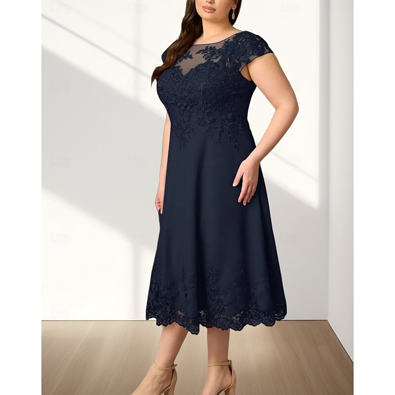 A-Line Mother of the Bride Dress Wedding Guest Elegant Crew Neck Tea Length Chiffon Short Sleeve with Appliques Midi Dress3