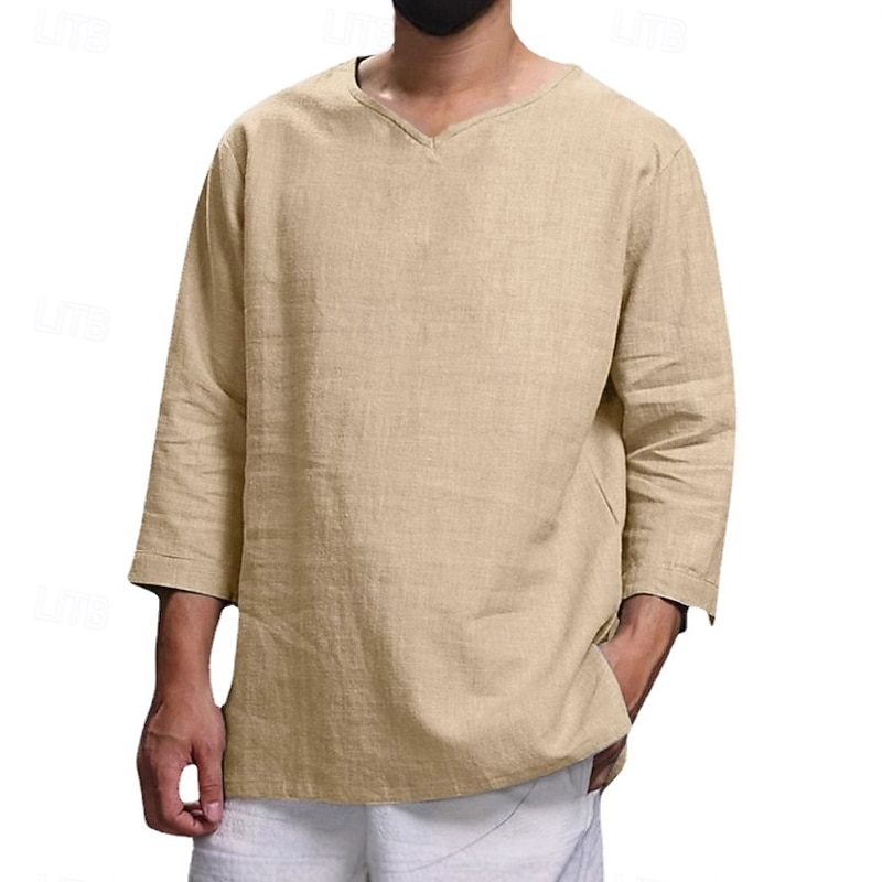 Men's Shirt Linen Shirt Popover Shirt Summer Shirt Beach Wear Solid Color Vacation Casual Black Navy Blue Sky Blue Khaki 3/4 Sleeve V Neck Summer Spring Clothing Apparel4