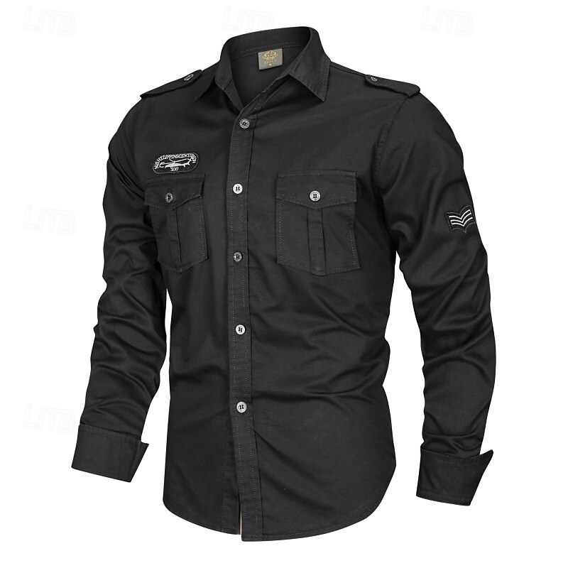 Men's Shirt Summer Shirt Casual Shirt Button Up Shirt Cargo Shirt Black Dark Navy khaki Army Green Long Sleeve Plain Shirt Collar Vacation Hawaiian Pocket Clothing Apparel 100% Cotton Fashion Casual