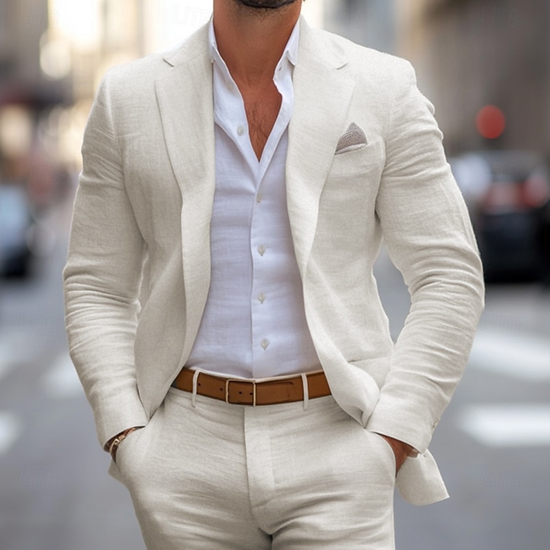 Men's Casual Beach Wedding Linen Suits Beige Daily Lightweight Solid Colored Standard Fit 2 Piece Single Breasted One-button