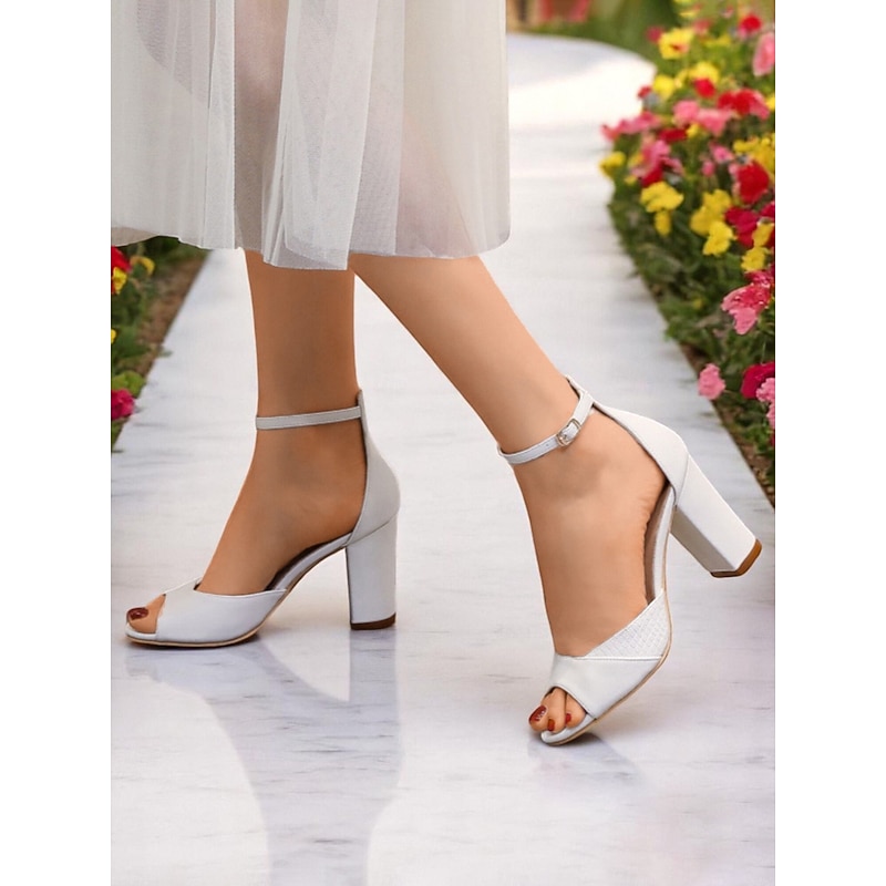 Women's White Open-Toe Ankle Strap High Heel Wedding Sandals, Stylish Block Heels for Bridal Parties and Wedding Ceremonies3