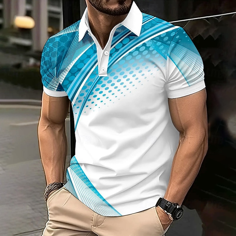 Men's Geometric Line Polo Short Sleeve Polo Shirts Collared Shirts Casual School Outdoor Daily Wear 3D Print Summer Light Blue-White