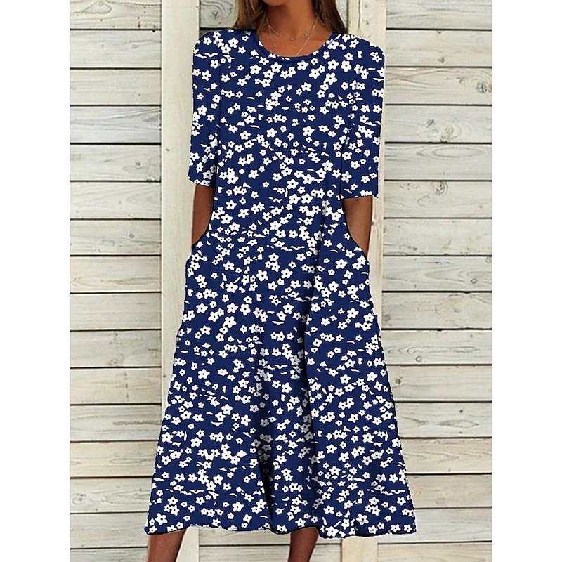 Women's Midi Dress A Line Dress T Shirt Dress Tee Dress Summer Dress Bohemia Vacation Vintage Regular Fit Floral Graphic Ditsy Floral Short Sleeve Crew Neck Navy Blue Light Blue Summer4