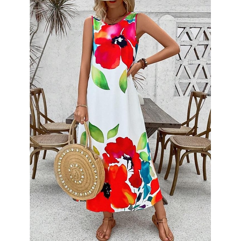 Women's Maxi Dress A Line Dress Vacation Casual Beach Daily Regular Fit Floral Graphic Sleeveless Crew Neck Red Summer Spring3