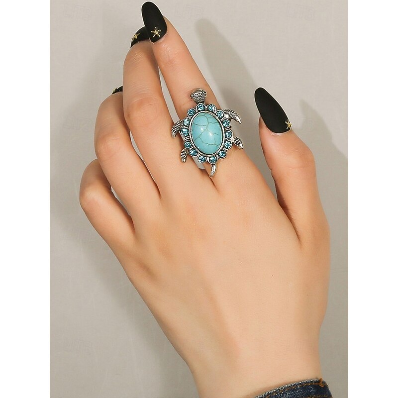Women's Vintage Turtle Ring with Blue Turquoise Gemstone – Boho Animal Jewelry for Beach Vacations, Festivals and Casual Wear2
