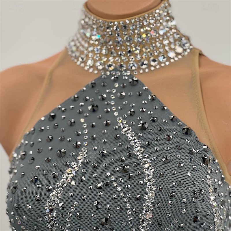 Figure Skating Dress Women's Girls' Ice Skating Dress Grey Patchwork Asymmetric Hem Mesh Spandex High Elasticity Training Competition Skating Wear Classic Crystal / Rhinestone Sleeveless Ice Skating2