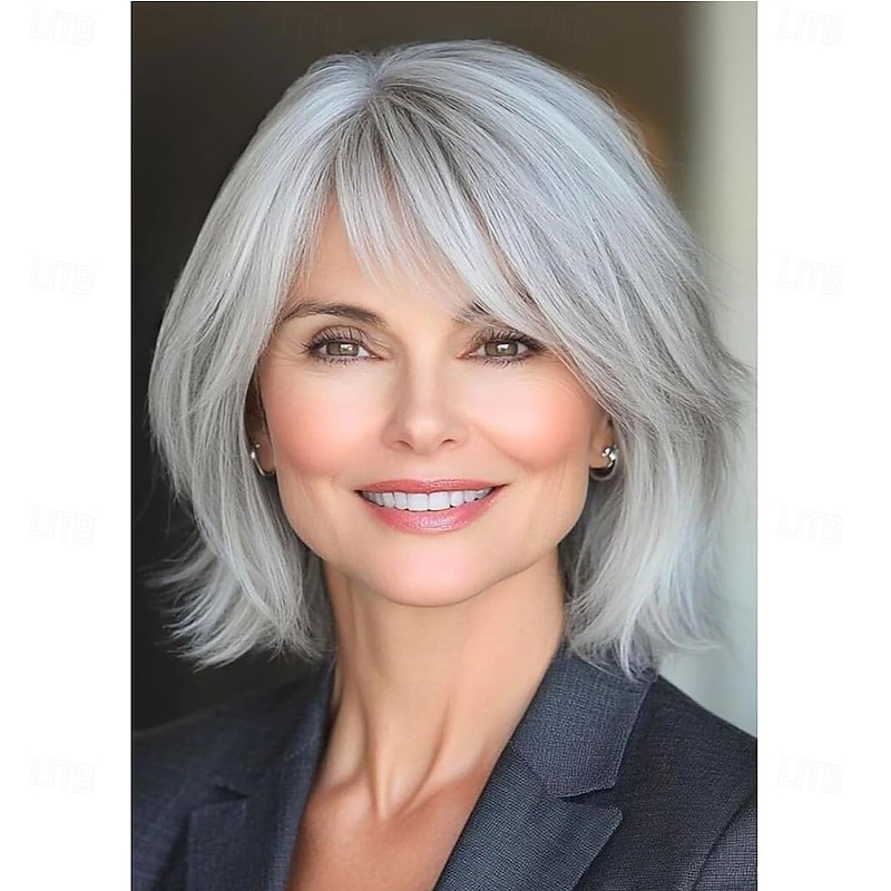 Layered Grey Wigs for Women Shoulder Length Straight Wig with Bangs Natural Synthetic Cosplay Replacement Hair Wig