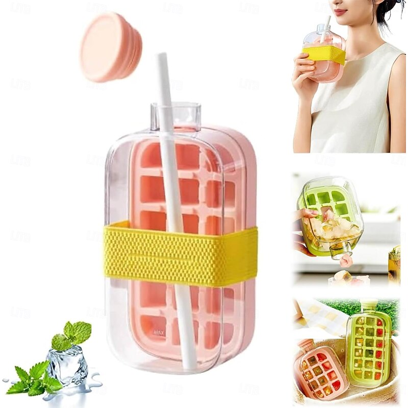 Ice Bottle Cup 2 in 1 Touch-Free, 800ml, Ices Cube Tray Water Bottles Ices Cube Bottles with Straw Portable Touch Free Ice Cube Trays with Lid and Bin Suitable for Home Ice Making3