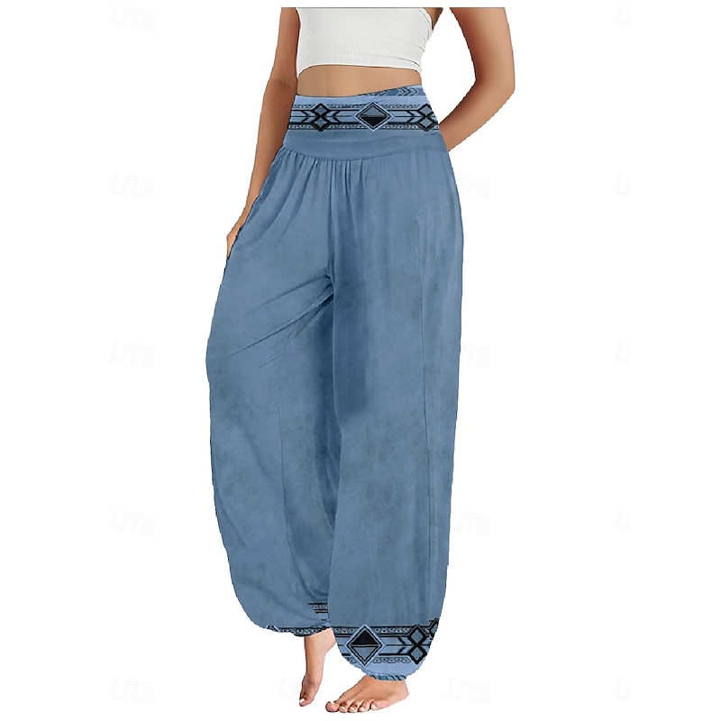 Women's Linen-Inspired Pants Wide Leg Pants Trousers Ethnic Style Casual Boho Full Length High Waist Floral Graphic Paisley Pocket Elastic Waist Printing Breathability Soft Micro-elastic Outdoor Yoga
